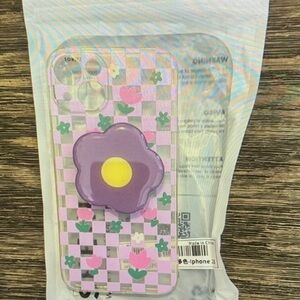 Purple Floral Checkered Phone Case with Flower Stand